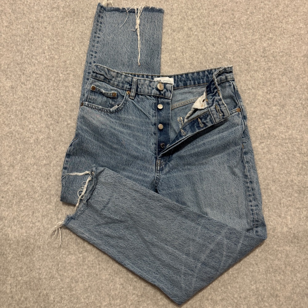 Zara Women Blue High Waisted Straight Leg Button Fly Raw Hem Jeans Size 6 28